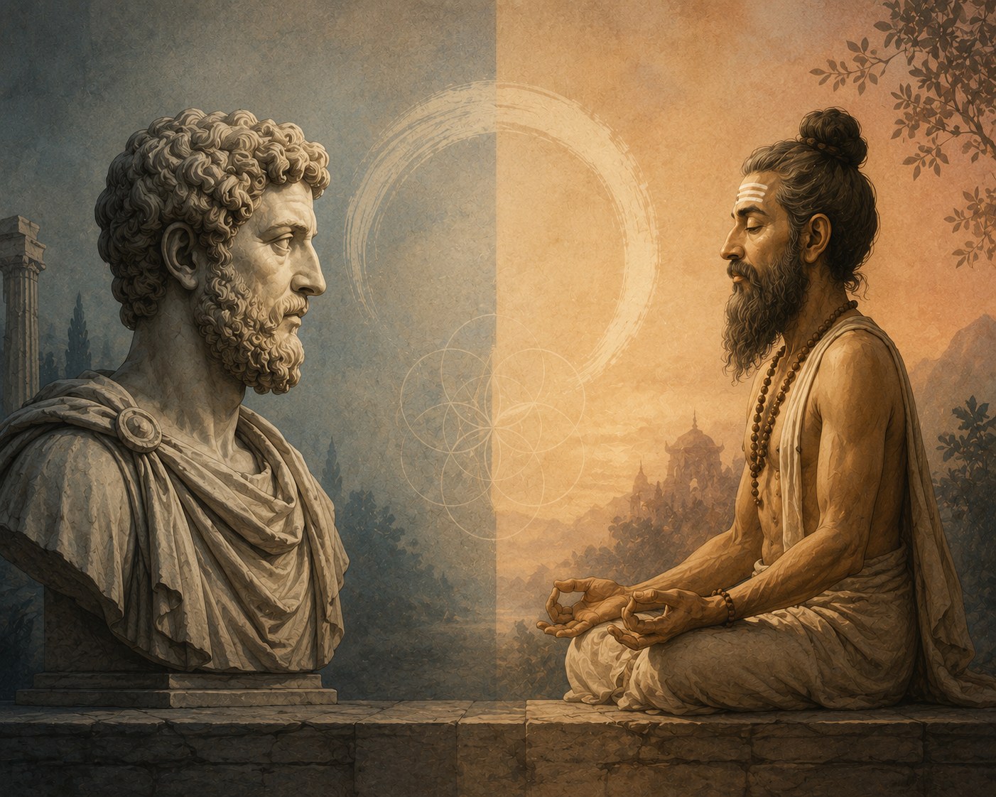 Ilustración: un busto de Marco Aurelio frente a un yogui meditando, con un enso circular entre ambos — el diálogo entre el estoicismo y el yoga