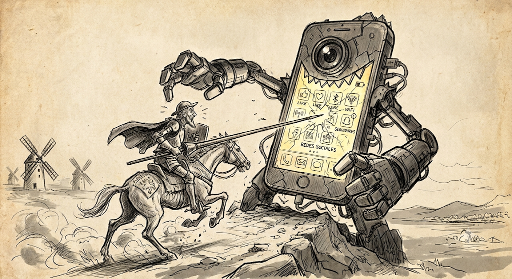 Ilustración de Don Quijote a caballo, lanza en ristre, cargando contra un gigantesco robot con forma de teléfono móvil, con molinos de viento al fondo