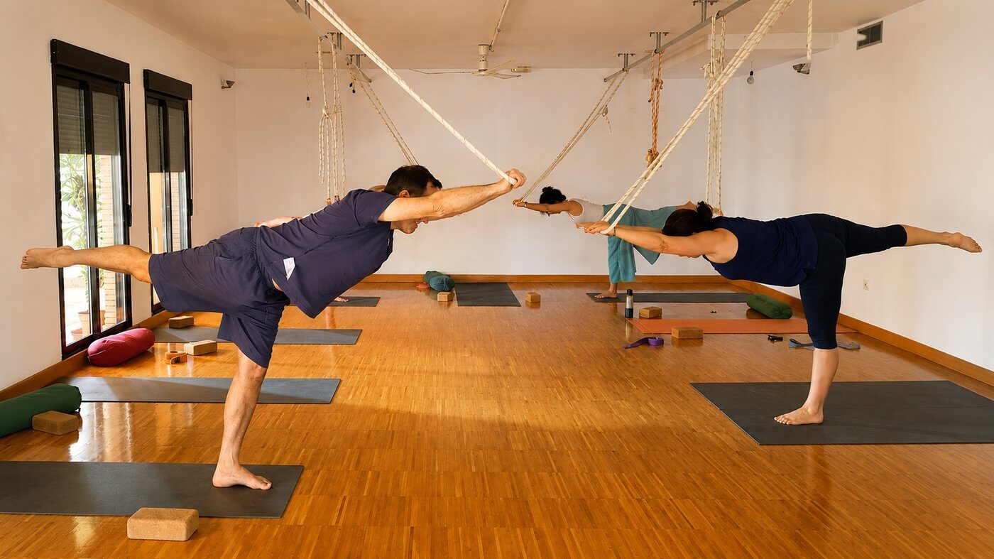 Practicantes de yoga funcional en equilibrio, apoyados en las cuerdas de pared