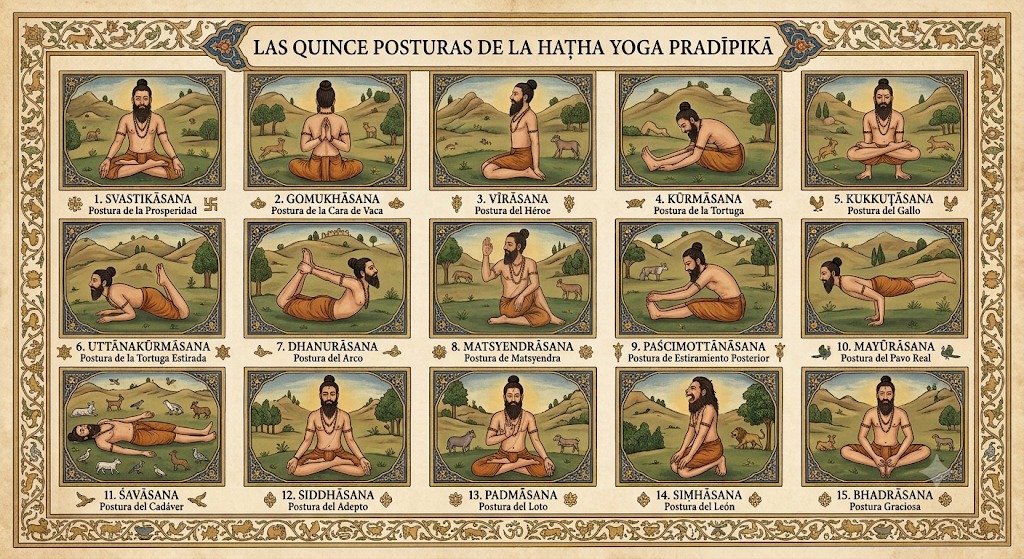 Lámina histórica ilustrada con las quince posturas de la Haṭha Yoga Pradīpikā