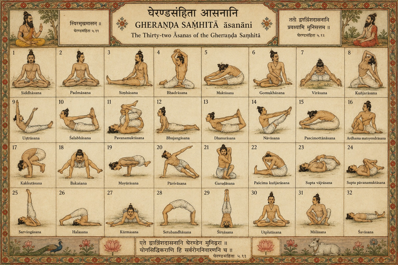 Lámina histórica ilustrada con las treinta y dos posturas de la Gheraṇḍa Saṃhitā