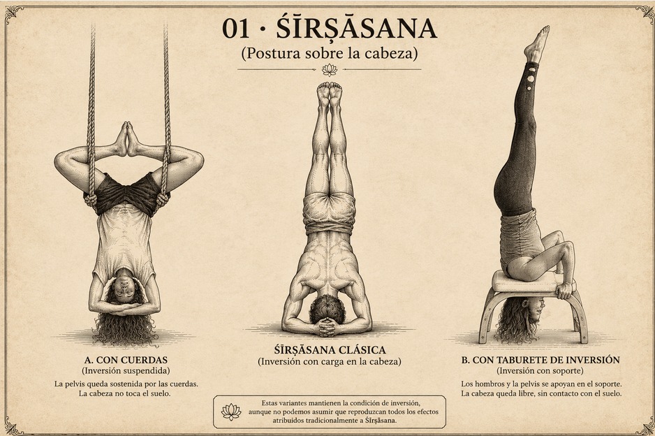 Śīrṣāsana y sus variantes: con cuerdas de inversión, la forma clásica, y con taburete de inversión