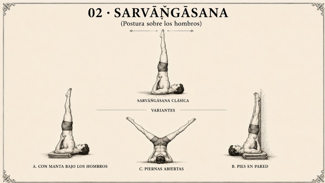 Sarvāṅgāsana y sus variantes: con manta bajo los hombros, la forma clásica, con piernas abiertas, y con los pies en la pared