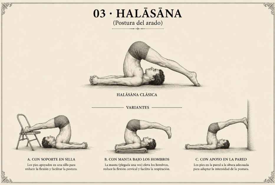 Halāsana y sus variantes: con soporte en silla, con manta bajo los hombros, y con apoyo en la pared