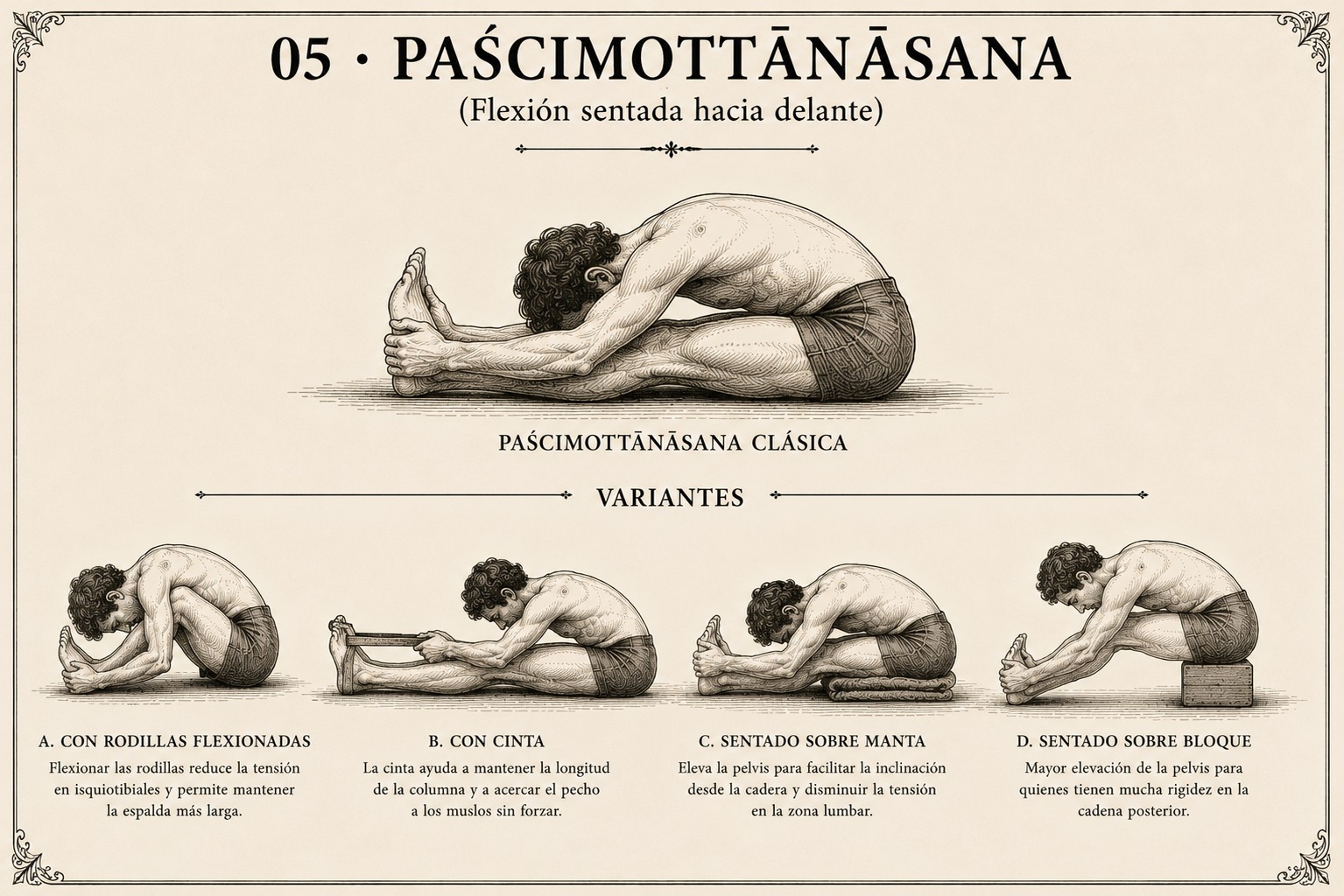Paścimottānāsana clásica y sus variantes: con rodillas flexionadas, con cinta, sentado sobre manta, y sentado sobre bloque