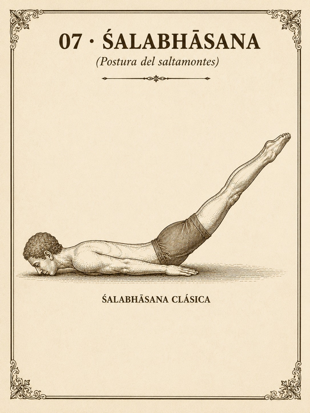 Śalabhāsana clásica: tumbado boca abajo, barbilla en el suelo, brazos junto al cuerpo con las palmas apoyadas, y ambas piernas rectas elevadas en diagonal