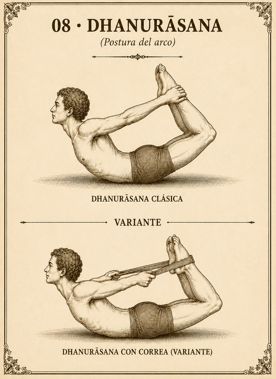 Dhanurāsana clásica (sujetando los tobillos con las manos) y su variante con correa alrededor de los tobillos