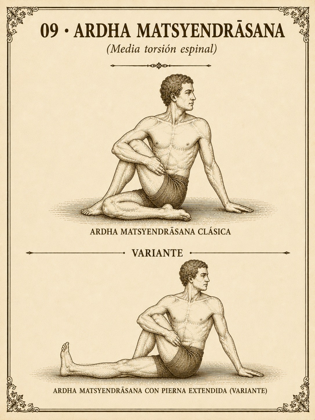Ardha Matsyendrāsana clásica (con una pierna cruzada sobre el muslo) y su variante con la pierna inferior extendida