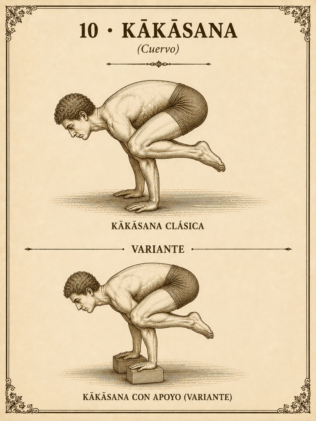 Kākāsana clásica (equilibrio sobre las manos con las rodillas apoyadas en los brazos) y su variante con las manos sobre bloques