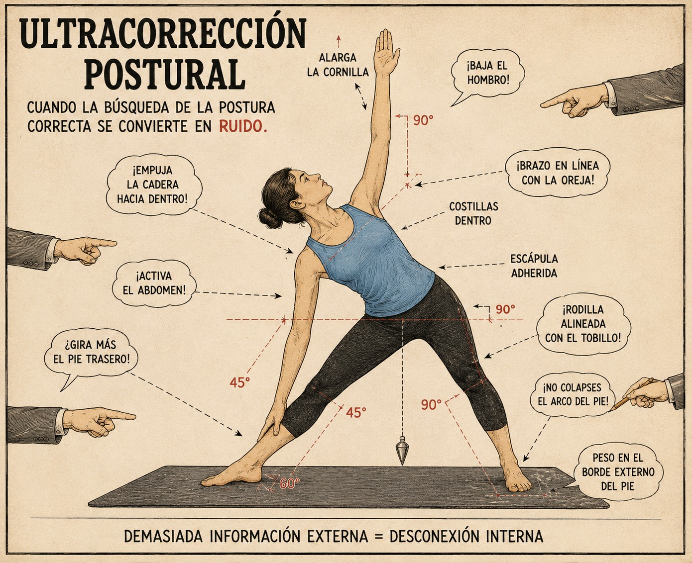 Ilustración: una practicante en postura del triángulo rodeada de indicaciones técnicas, ángulos y correcciones — «demasiada información externa = desconexión interna»