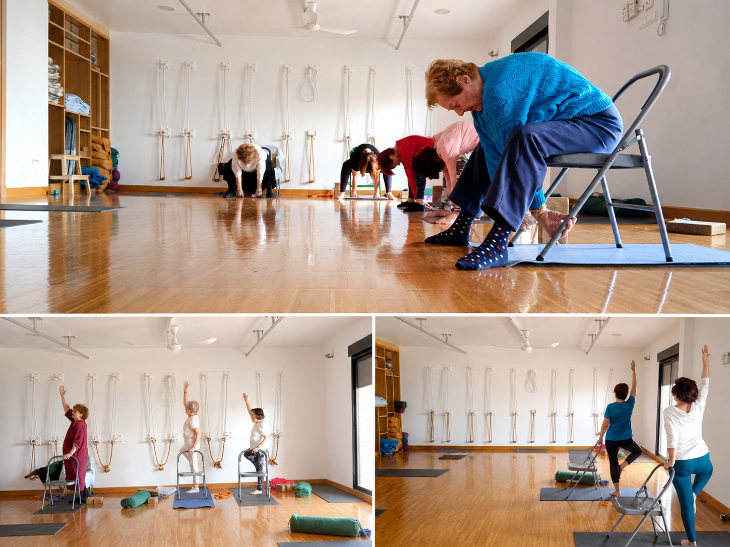 Collage de yoga adaptado: practicantes usando sillas como apoyo para posturas de flexión y equilibrio, con las cuerdas de pared visibles al fondo