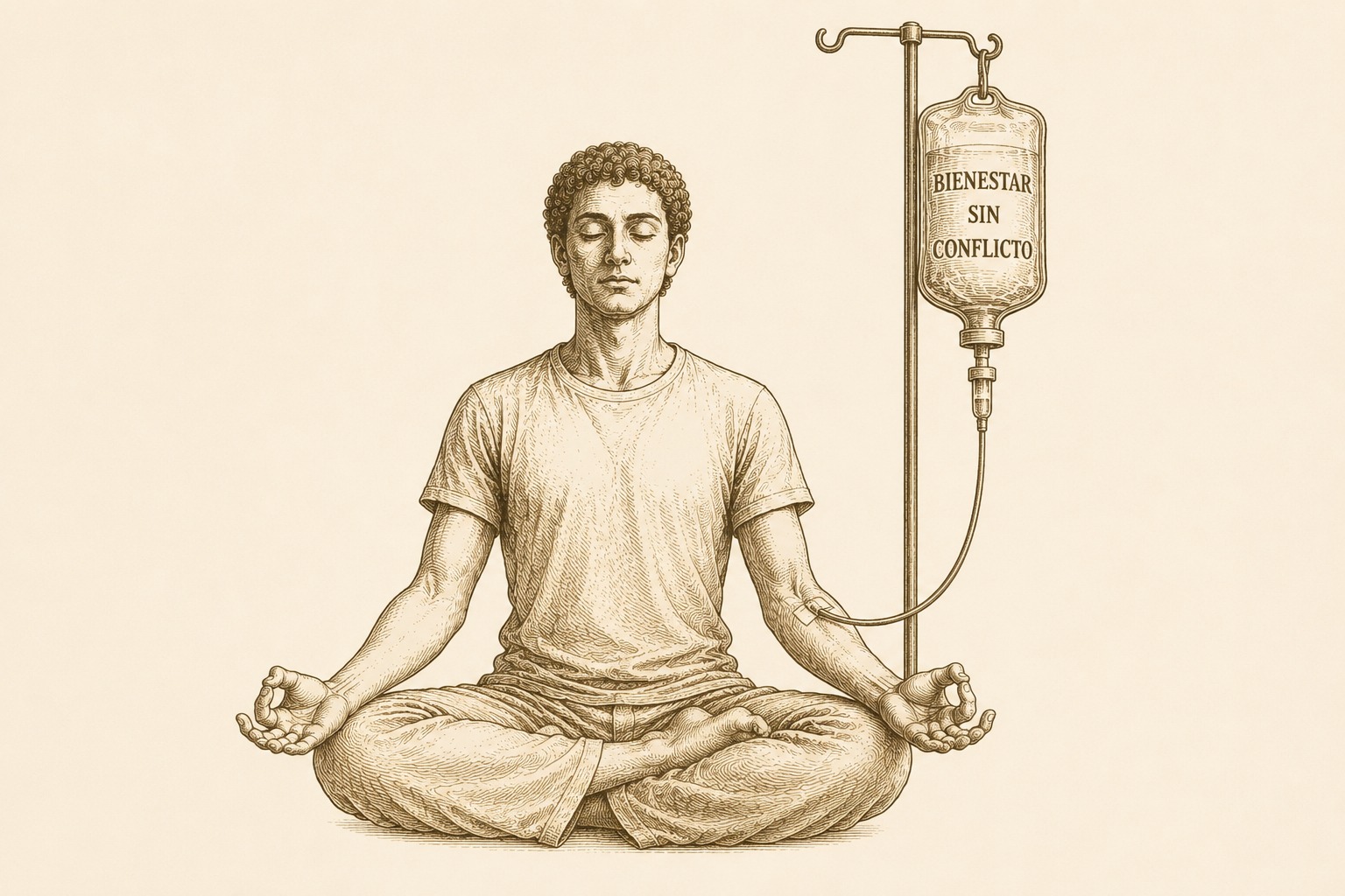 Ilustración estilo grabado: una persona meditando en posición de loto conectada a un gotero cuya bolsa lleva la etiqueta «Bienestar sin conflicto»